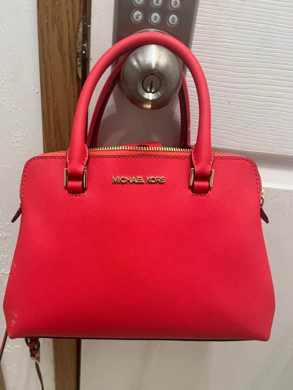 Michael Kors Red Saffiano Dome Satchel with Gold Hardware